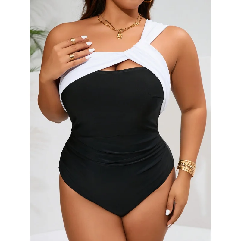 

Женский модный пляжный купальник-монокини больших размеров с асимметричным дизайном, цветными блоками, на одно плечо, с драпировкой, в курортном стиле