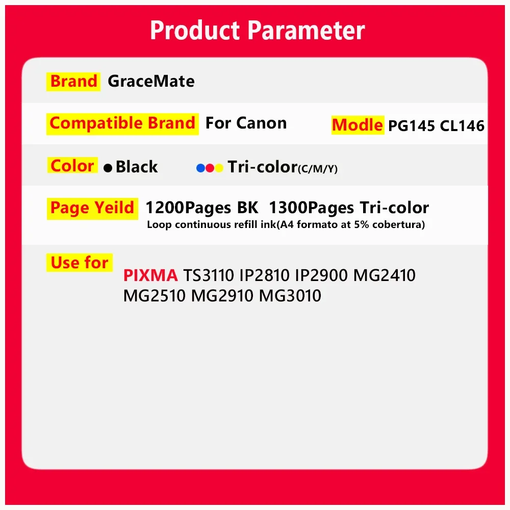 Remanufactured Refillable PG145 CL146 Ink Cartridge for Canon PG145 CL146 PG-145 CL-146 for Pixma MG2410 MG2510 Printer