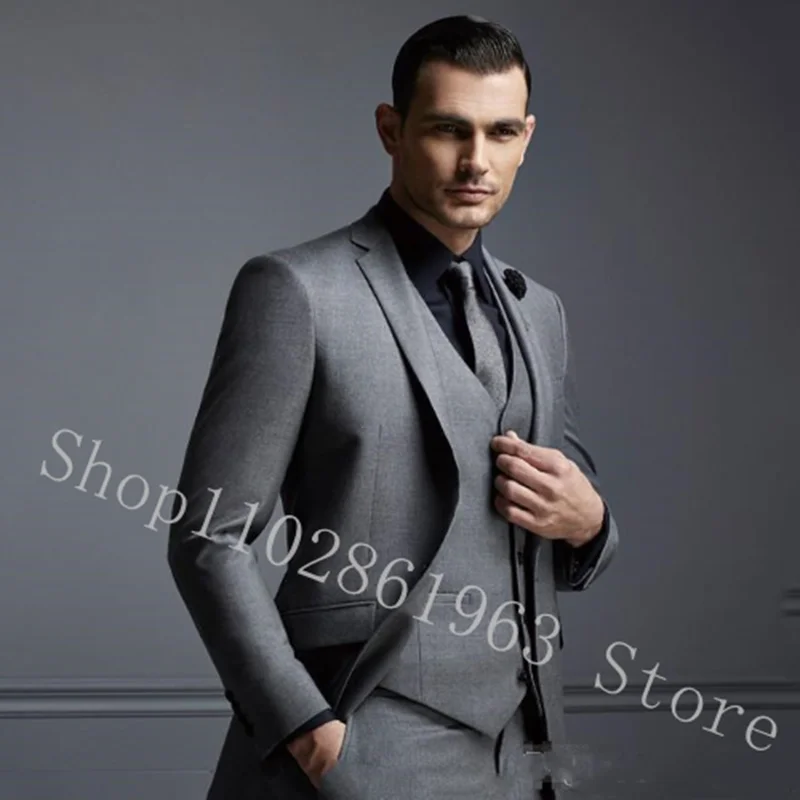 Gray Suits for Men Slim Fit 3 Pieces Male Suits Formal Business Groom Wear Wedding Tuxedos Blazer+Vest+Pants Costume Homme