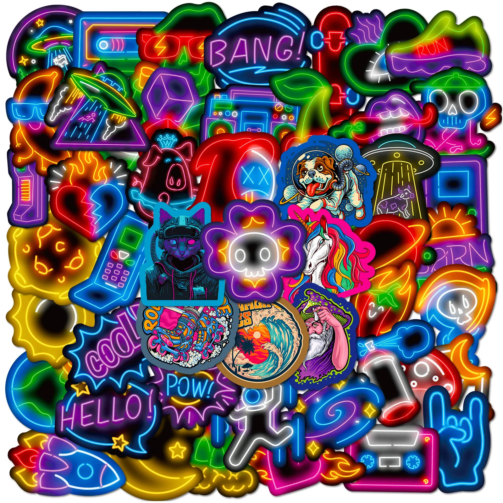 50 Stück wasserfeste Neon-Vinyl-Aufkleber für Kinder und Erwachsene, coole Aufkleber für Laptop, Telefon, Notebook, Gitarre, Gepäck, Tasse usw