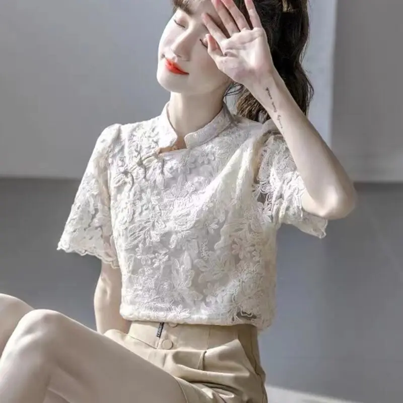 Lace Short-sleeve Blouses Women Leisure Temperament Design Chic Chinese Style Vintage Tops Summer Streetwear Fashion Office Lady