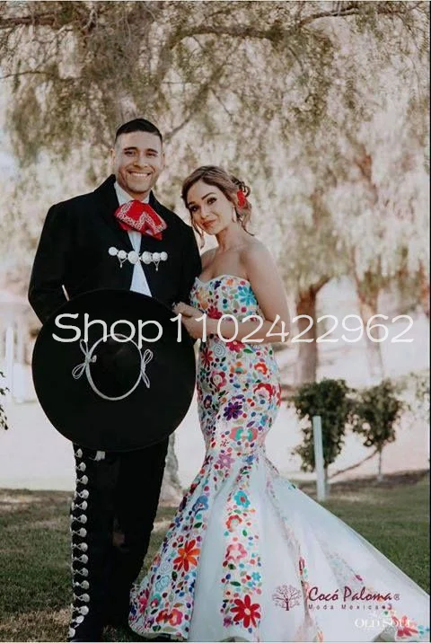 Traditional Mexican Charro Mermaid Wedding Dresses White Stain Floral Embroidery Lace-up Corset Bridal Gown Western Country