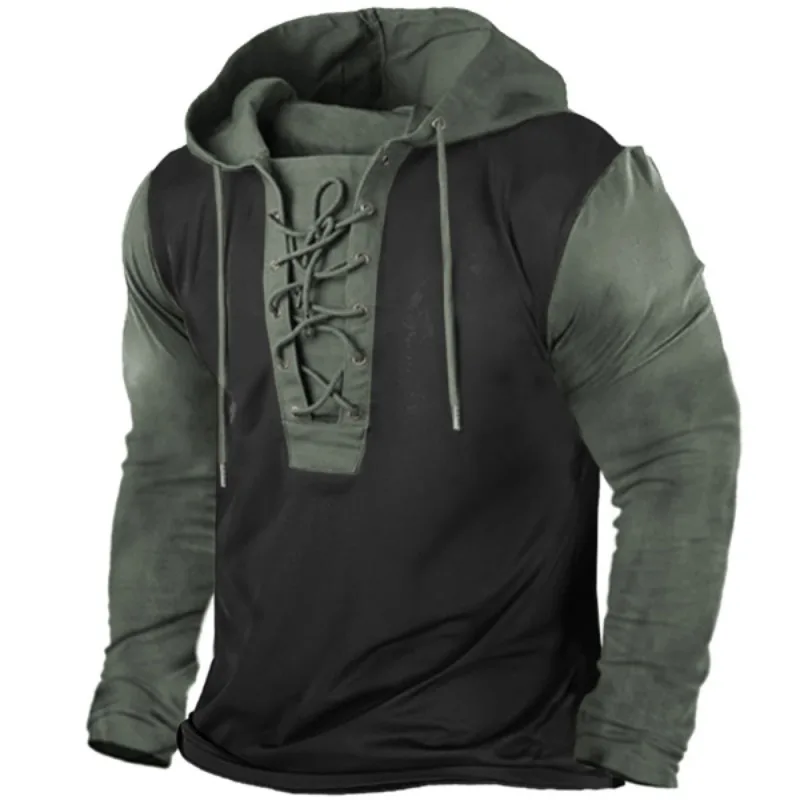 Spring and Autumn Men's Outdoor Retro Color Matching Lace-Up Hooded Long Sleeve T-Shirt for Men