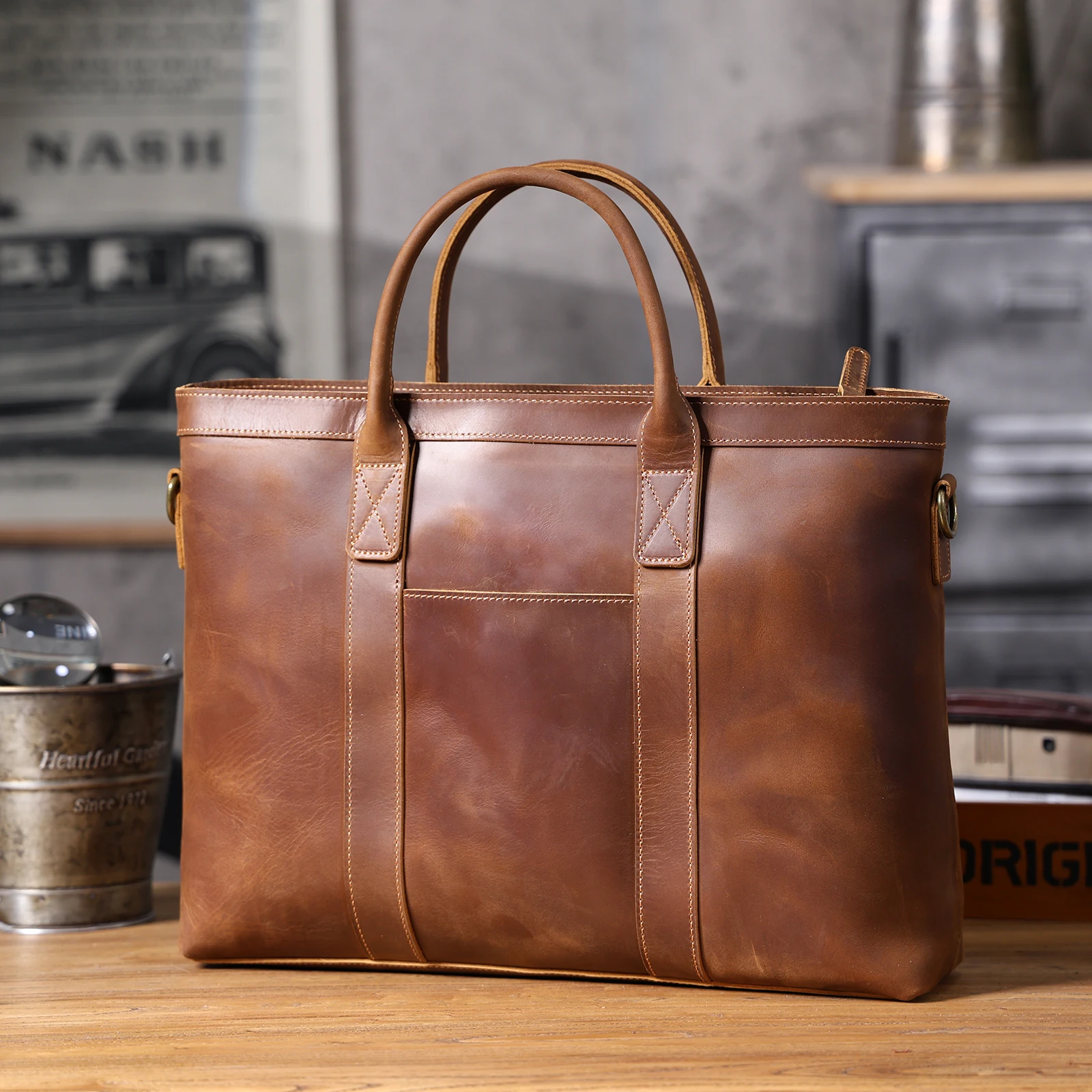 Vintage Echtleder Herren-Aktentasche 16 Zoll Laptop-Taschen Crazy Horse Leder Messenger-Handtasche Rindsleder Geschenkidee für Männer – Detail 9
