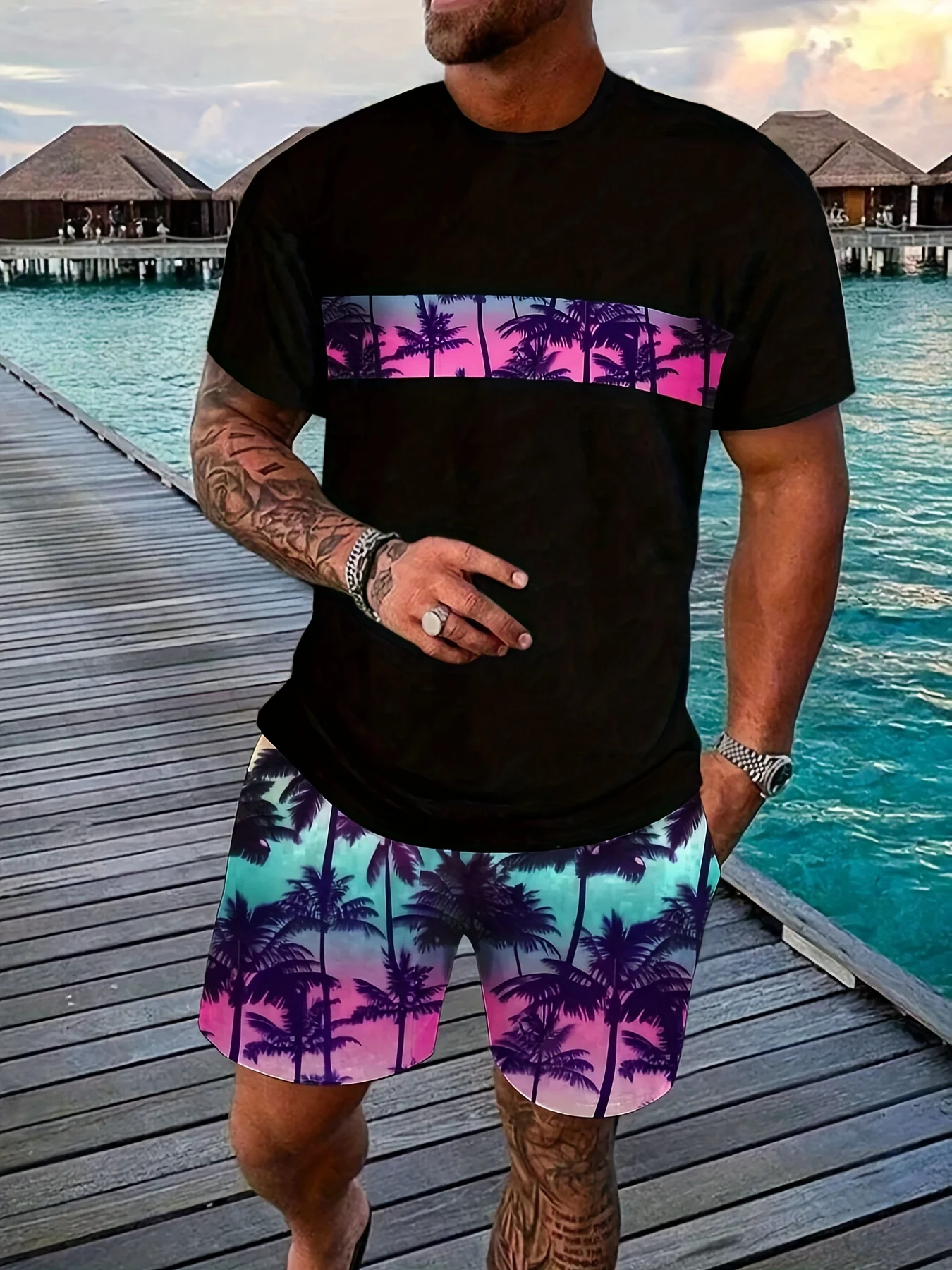 

Men's Coconut tree Print Short Sleeve T-Shirt & Shorts Set Round Neck Gradient Short Sleeved Women's T-shirt Shorts Set
