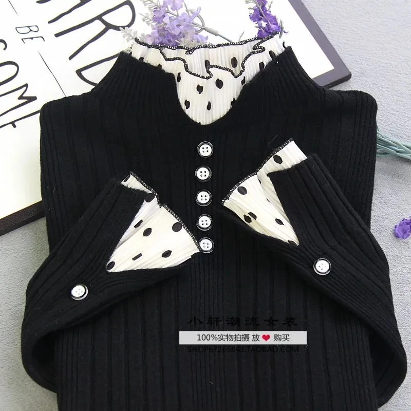 

Dot lace Patchwork Half high neck base Sweater for women 2025 New Autumn Winter Female Slim Fit inner Elastic Knit Tops Jumper