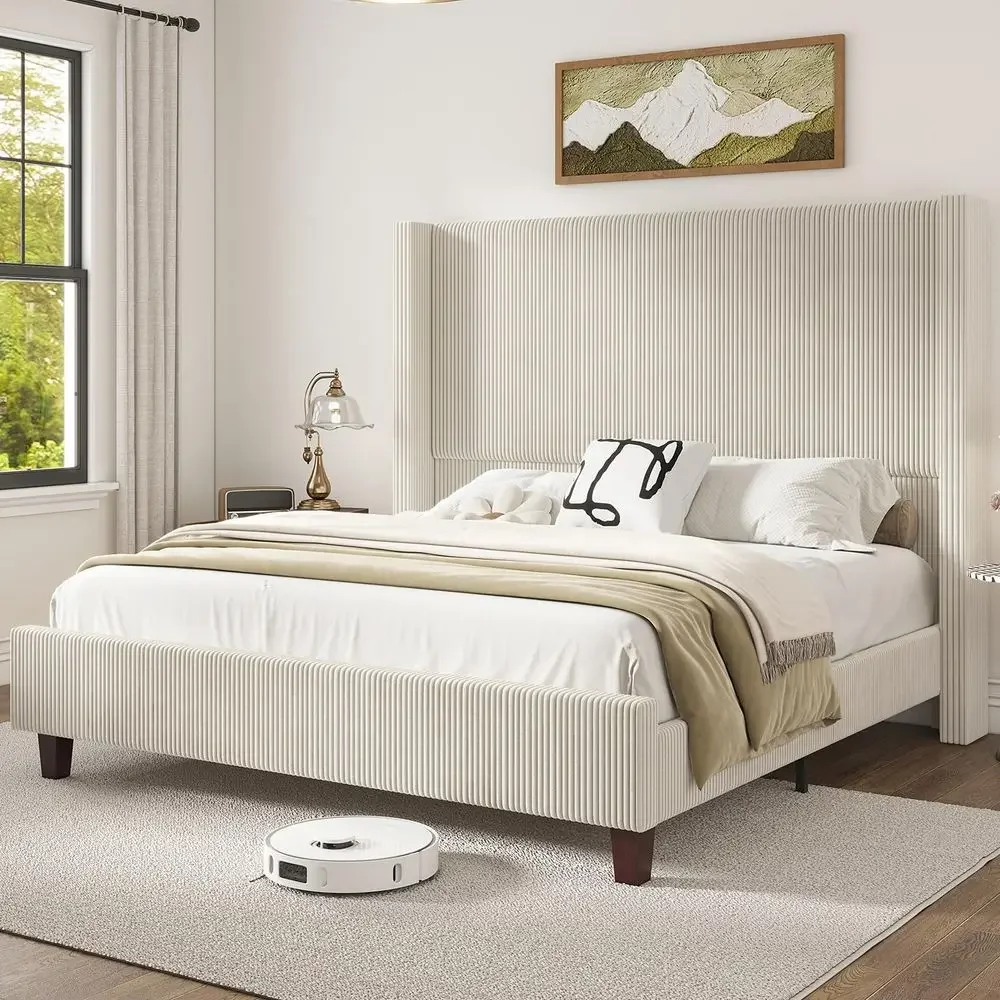

King Size Bed Frame with 61.4 Extra Tall Headboard, Corduroy Upholstered Bed with Vertical Wingback Headboard, No Box Spring Ne