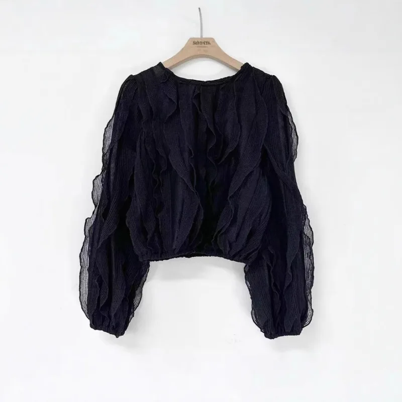 قميص دانتيل بطبقات وأكمام طويلة ورقبة على شكل حرف V للسيدات بتصميم ربيعي جديد يقلل من العمر #5