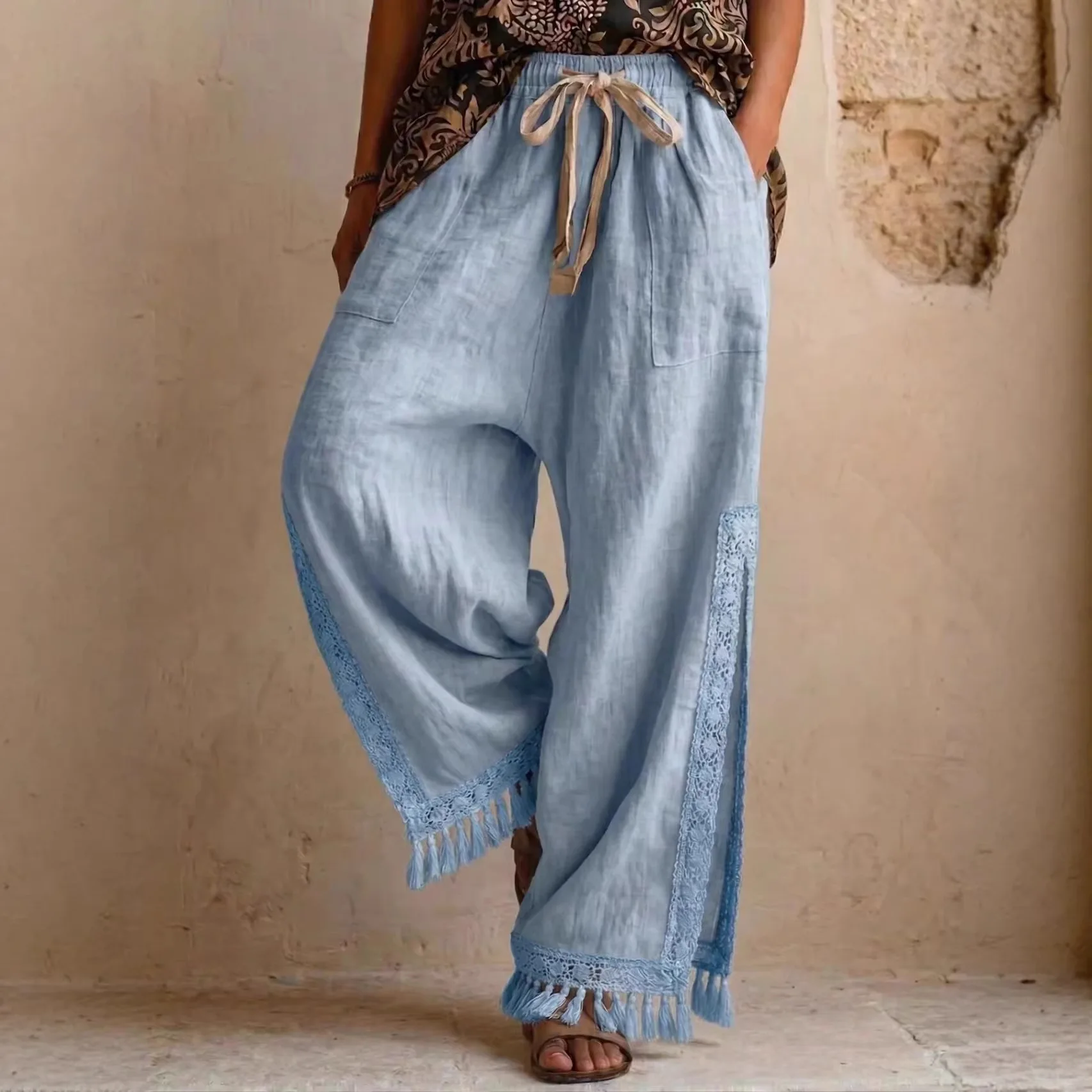 New Women's Linen Lace Tassel Slit Wide Leg Pants Summer Retro Drawstring Loose Casual Trousers Boho Vacation Style Women Pants