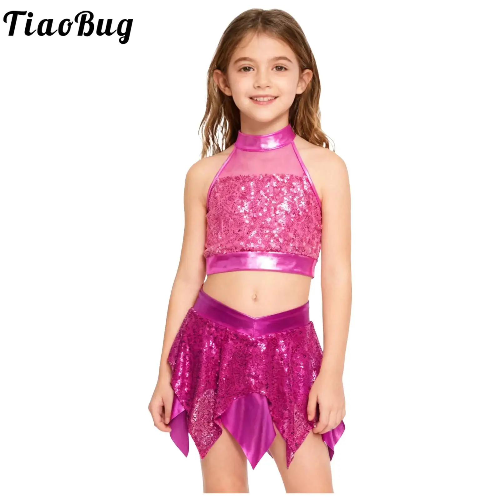 Kids Girls Metallic Shiny Jazz Hip Hop Dance Cheerleading Performance Outfit Sleeveless Sparkly Sequins Crop Top Vest with Skirt