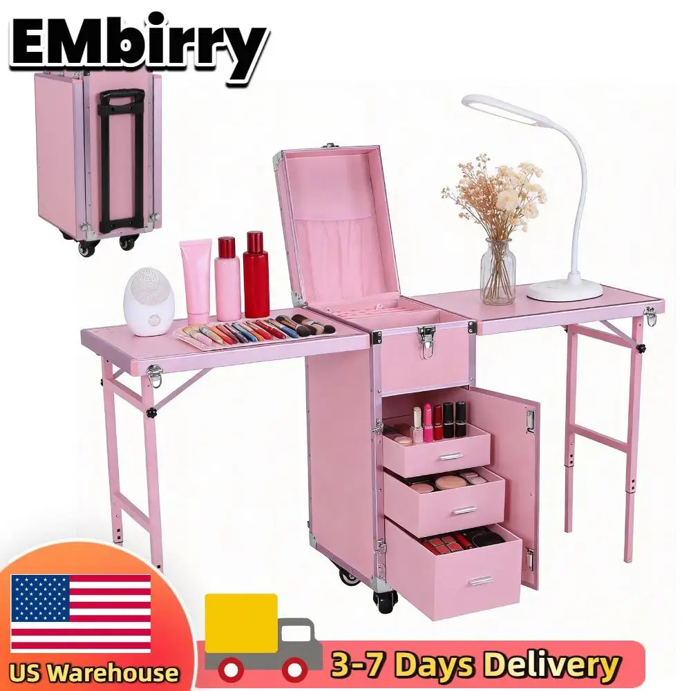 

Portable Nail Table Desk with Wheel & Drawers Lockable Makeup Train Case Large Capacity for Manicurist Cosmetologist Beautician