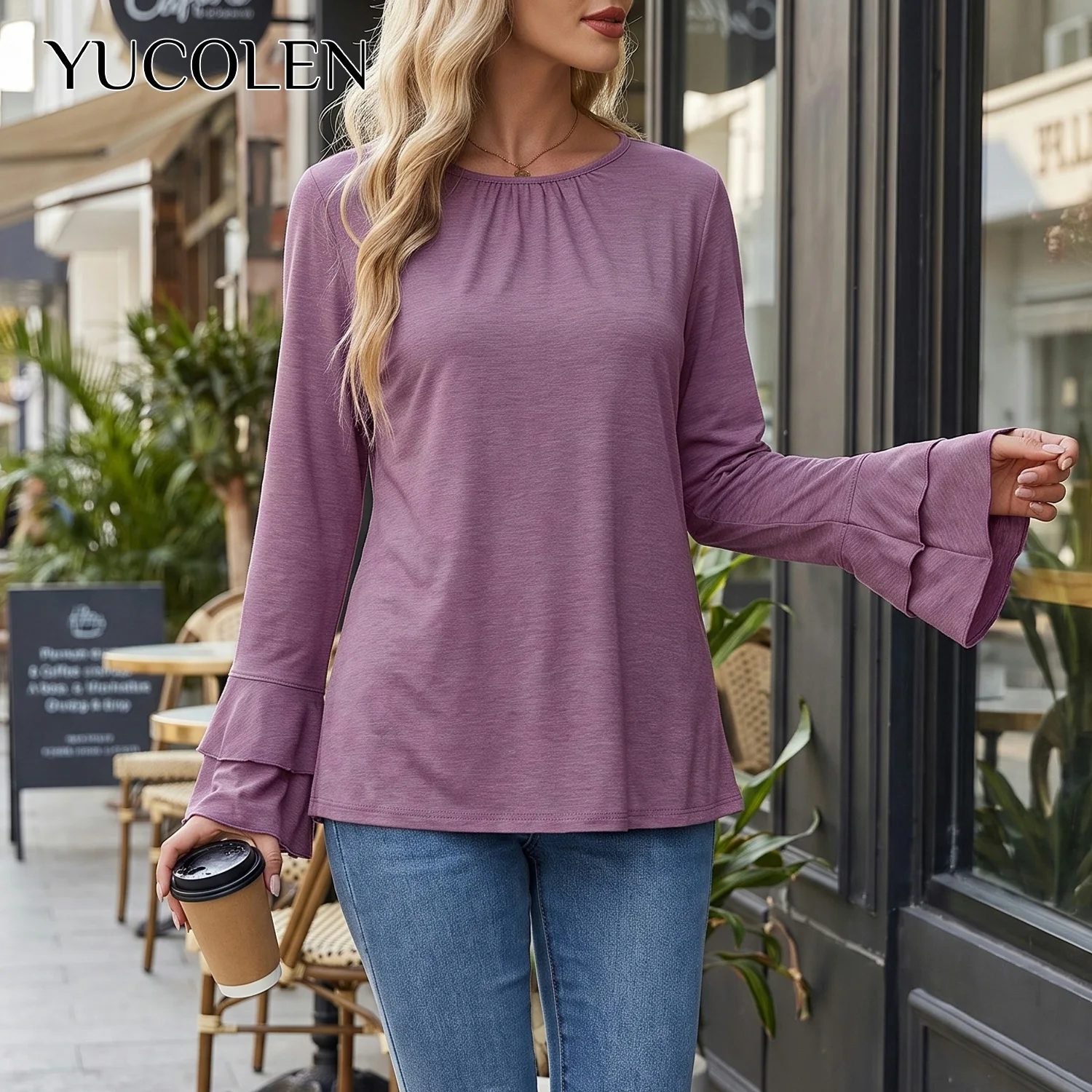 YUCOLEN Womens Gathered Round Neck Long Sleeve Top Tiered Double‑Layer Bell Sleeve Loose Soft Knit Casual Office Blouse Tunic