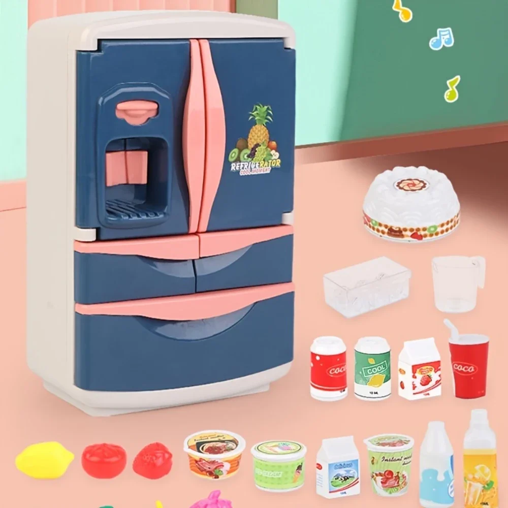 مجموعة ألعاب ثلاجة الأطفال مع موسيقى رذاذ وأضواء للعب في الأماكن المغلقة، لعبة المطبخ الممتعة للأولاد والبنات