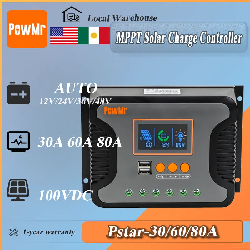 PowMr 80A PWM Solar Charge Controller Adjust 12V 24V 36V 48V Battery Max PV 100V LED Display with 2 USB 5V 2A Slient Operation