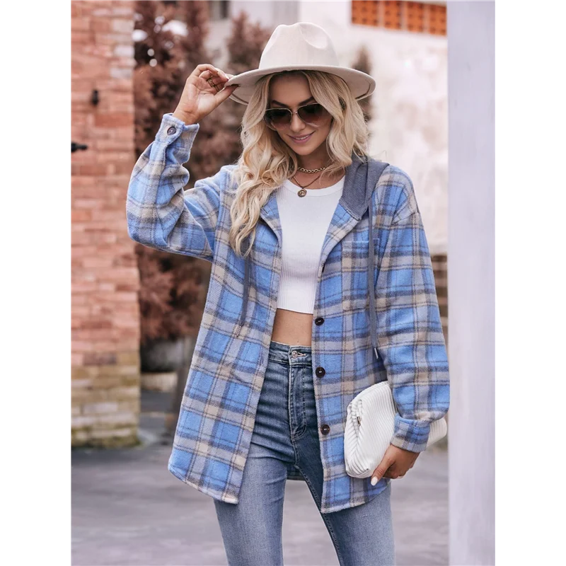 ABRT-Sudadera con capucha de franela a cuadros para mujer, chaqueta de manga larga con cordón y botones, camisas informales de otoño con bolsillo