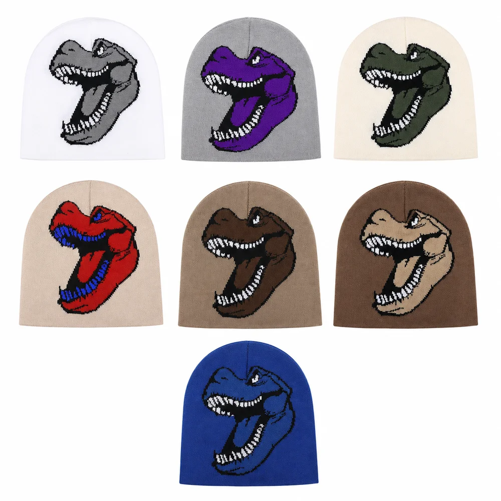 New Knitted Dinosaur Beanie Dinosaur Pattern Stretch Fit Knitted Beanie Hat Warm Pullover Pullover Knit Cap Daily Outfits