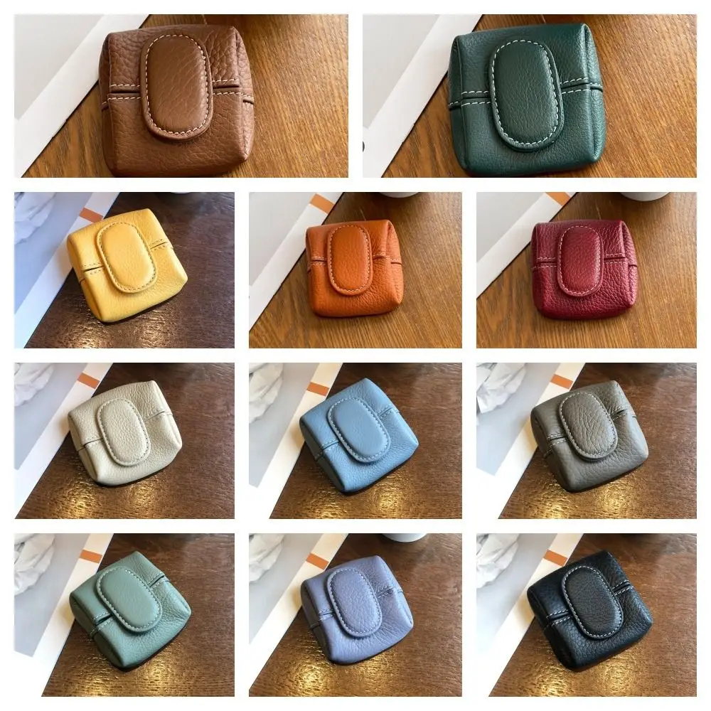 Soft Lychee Pattern Coin Purse Snap Button Multifunctional Mini Cowhide Wallet Lightweight Square Earphone Storage Bag