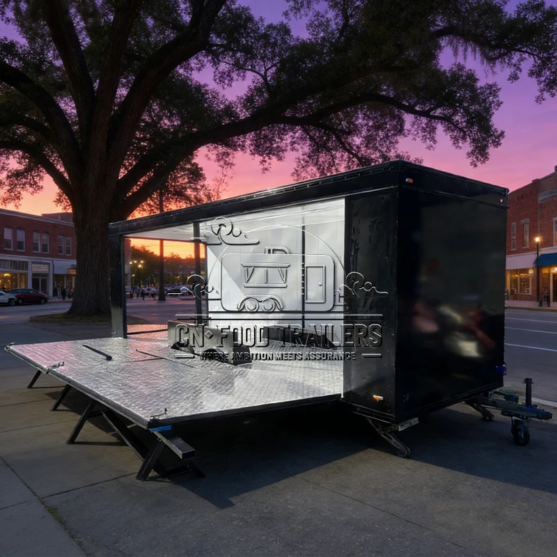 

Мобильный бар, фургон для фастфуда, прицеп-трансформер, изготовленный на заказ, с сценическим оформлением и диджейской кабиной для мероприятий, фуд-трейлер в ретро-стиле