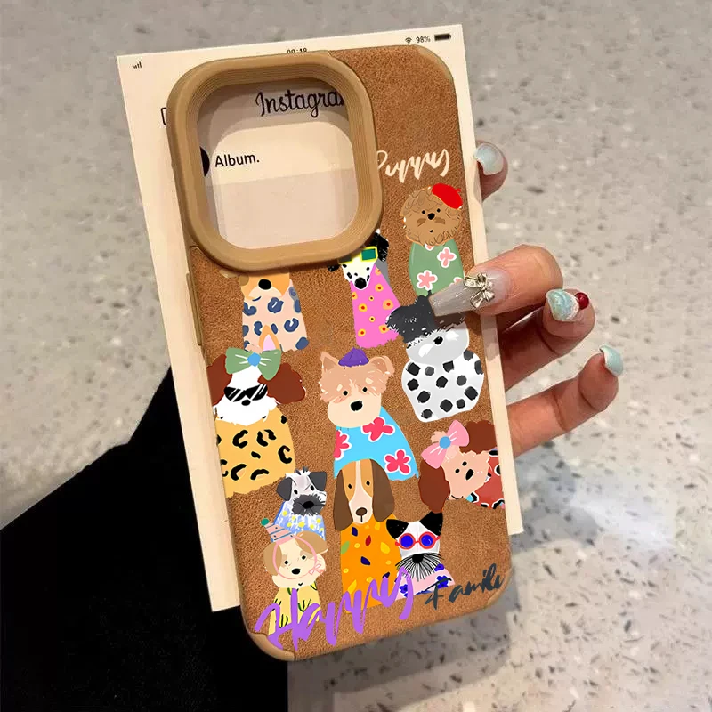 Colorful Cute Dog Executive Fiber Leather Case For iPhone 16 Pro Max 17 15 14 Pro 13 12 11 Pro Max 16E 7 8 Plus Shockproof Funda