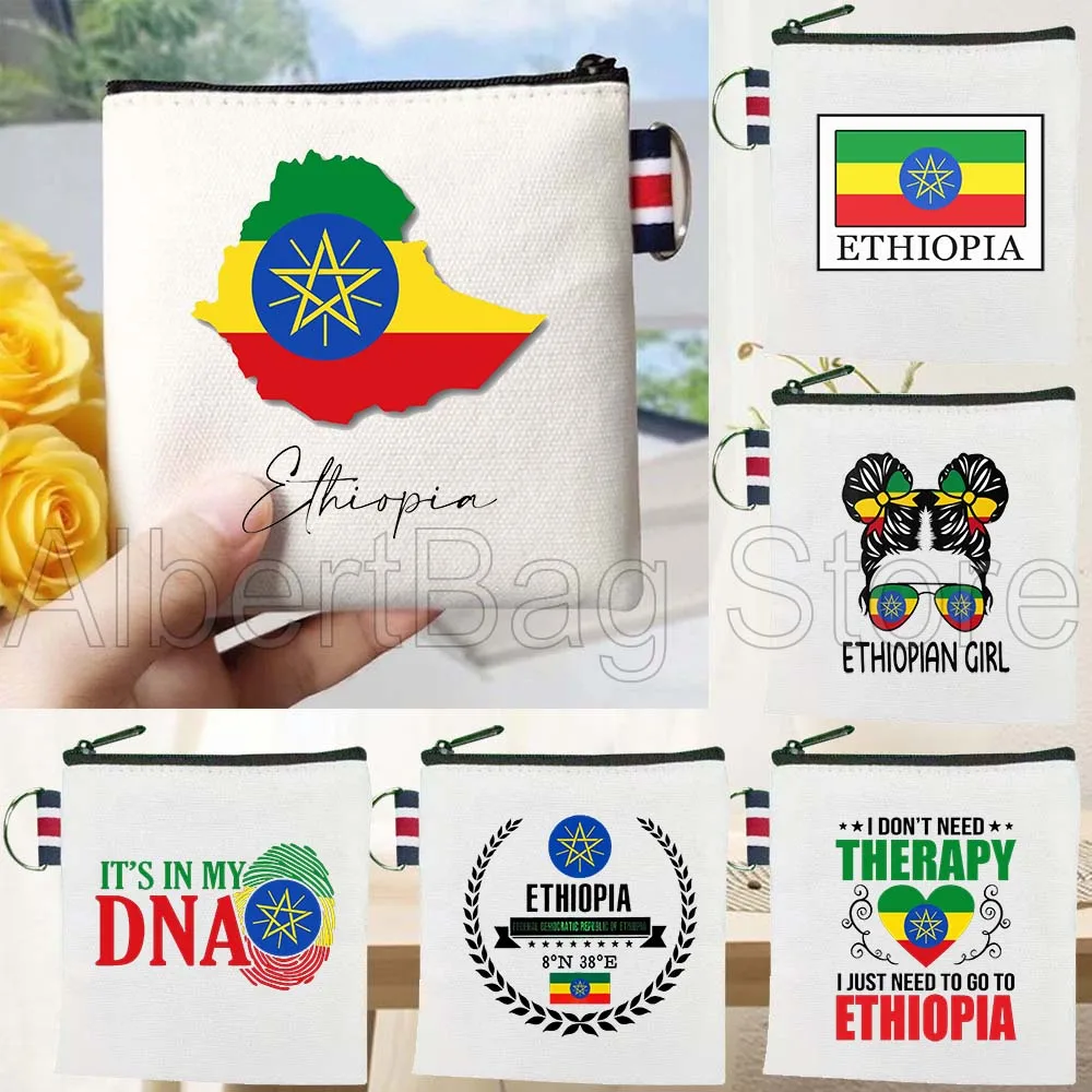 

Addis Ethiopia Map Flag Africa Patriotic Gifts Ethiopian Canvas Coin Purse Small Square Key Storage Card Bag Cotton Wallet Pouch