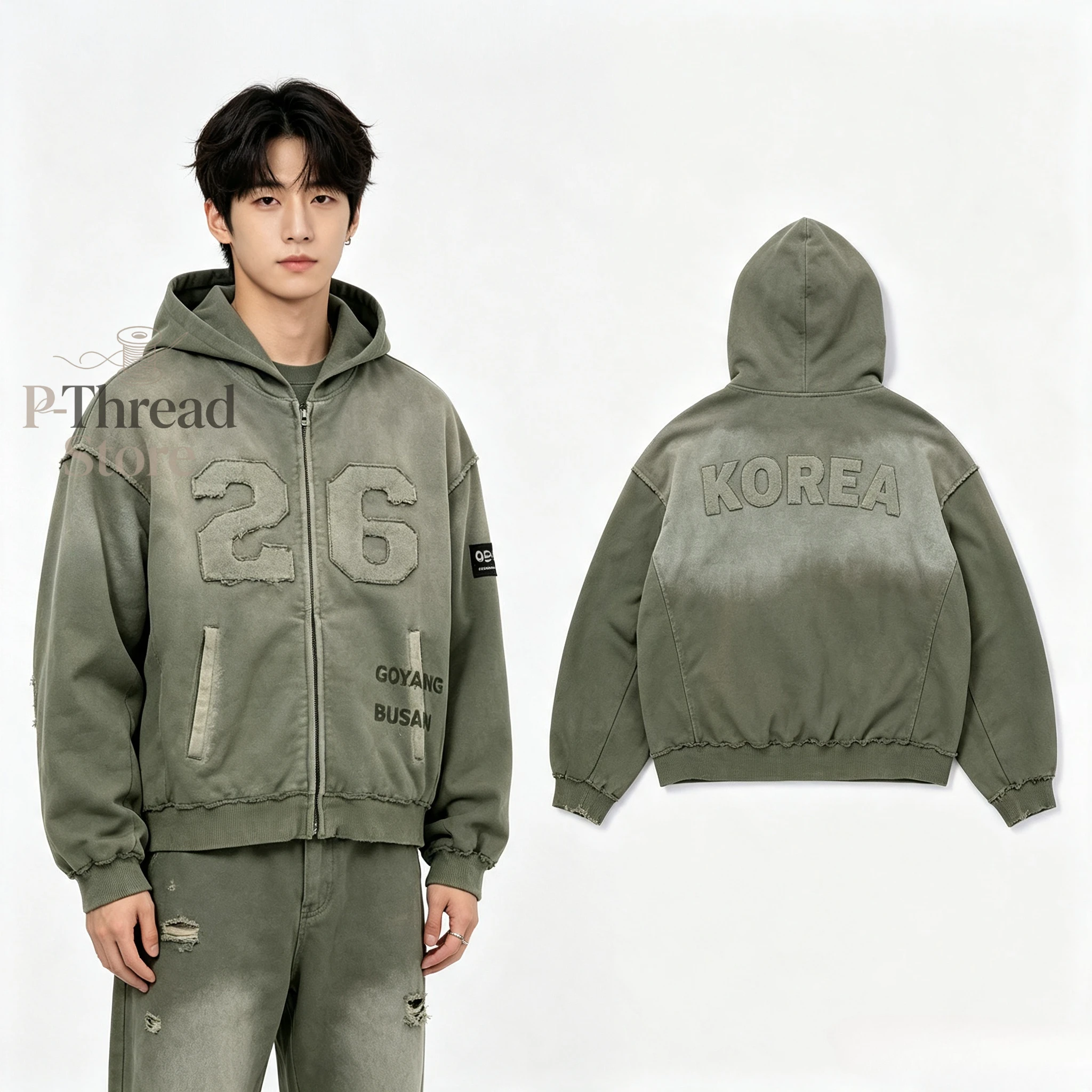 Veste à capuche zippée unisexe délavée style vintage avec broderie 3D, motif 26 lettres et chiffres sur l'épaule, Arirang World Tour, style décontracté streetwear
