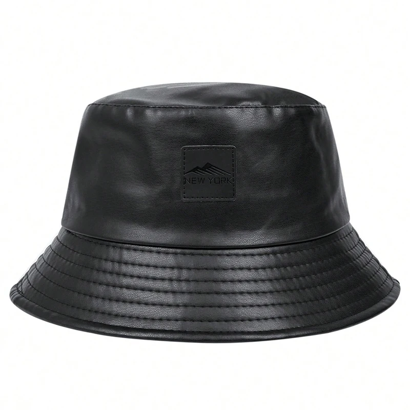 Unisex PU Leather Label Mountain Stamp Range Bucket Hats Fishermen Caps Outdoor Casual Cap Sunscreen Hat