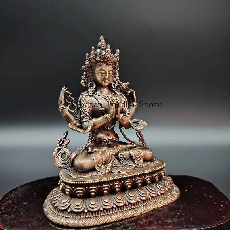 Old copper four-armed Guanyin bronze statue ornament, home use Buddhist hall, offering old objects, sitting Guanyin Bodhisattva