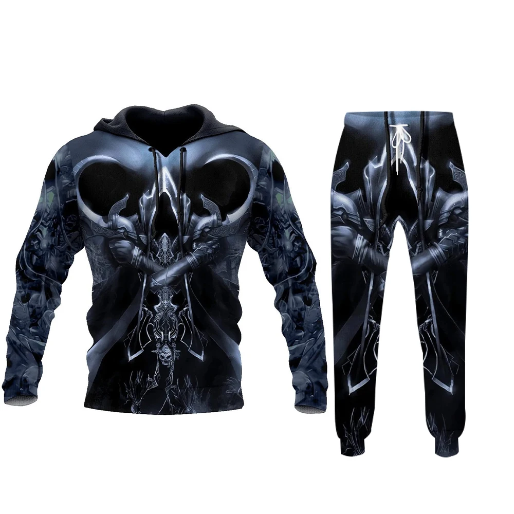 Evil Skeleton 3D Printed Retro 2-Piece Hooded Sweatpants for Men Fall Winter Casual Street Retro Men\'s Fashion Sweatshirt