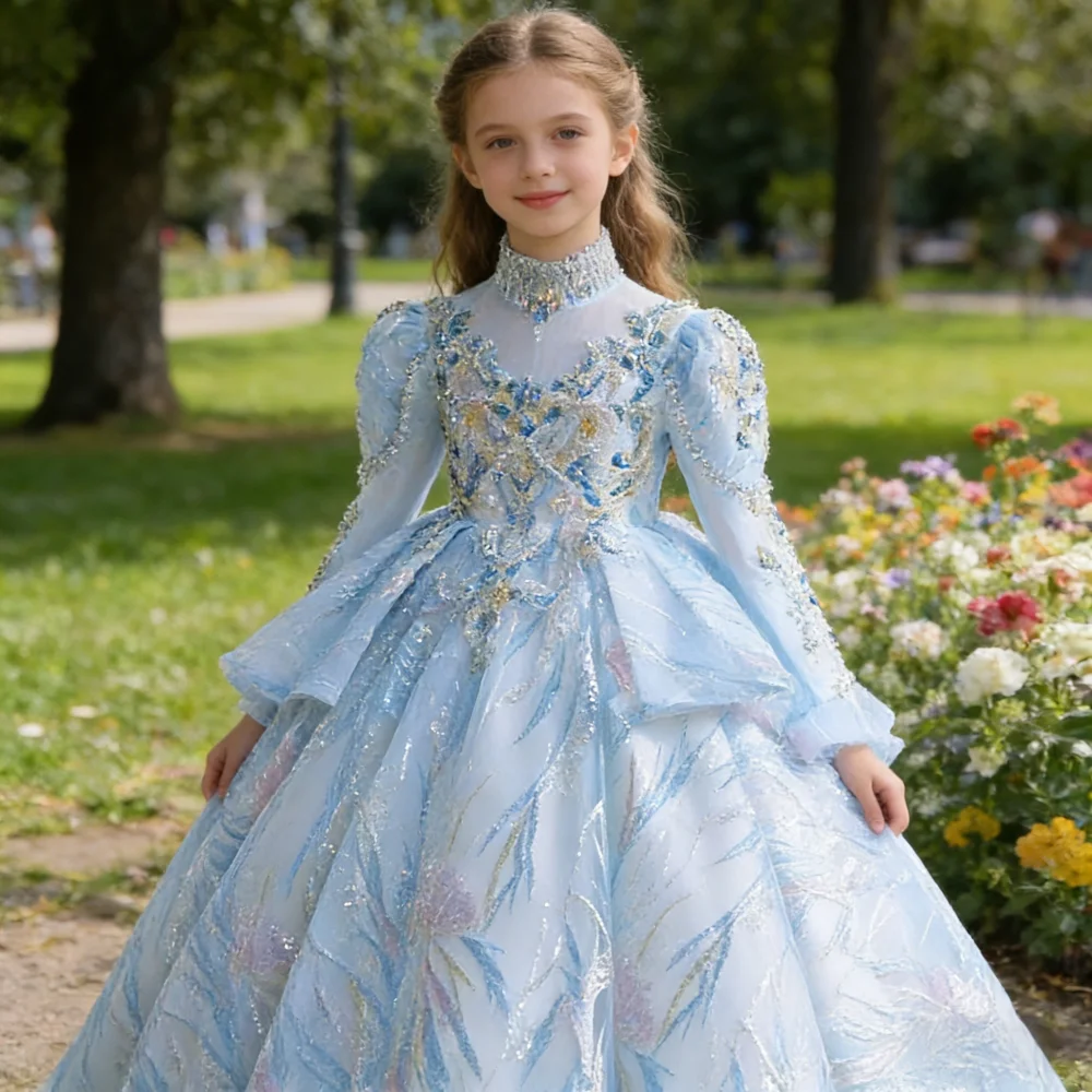 

Праздничное платье с длинными рукавами, пышное, для выступлений, для девочек-цветочниц, нарядное, для принцесс, для конкурсов красоты, для ведущих, для фортепианных выступлений