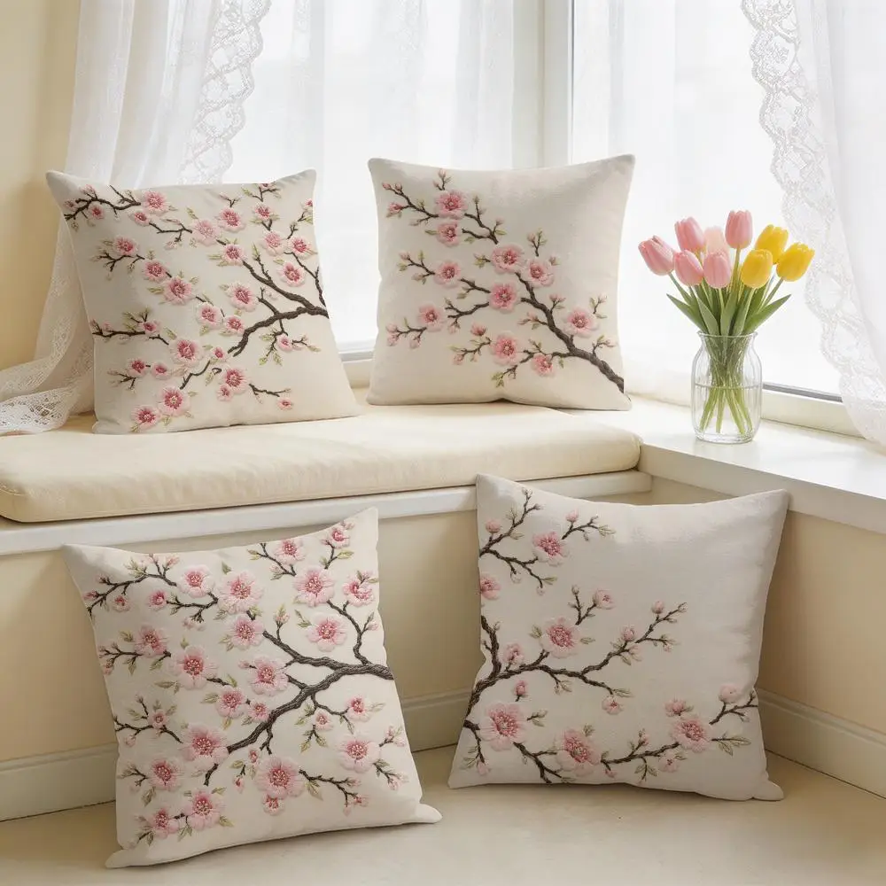 2D Print Oriental Sakura Floral Cherry Cushion Cover Short Plush Pillow Case Room Sofa Cushion Covers Home Decor Funda