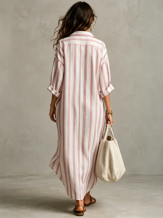 Damen Langes Gestreiftes Hemdkleid V-Ausschnitt Locker Lässig Sommer Urlaub Mode Europäischer und Amerikanischer Grenzüberschreitender Stil – Detail 9