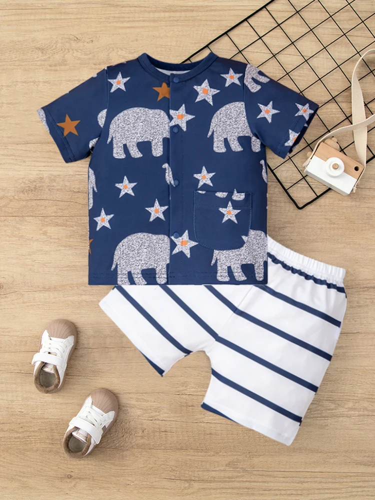 Men's Treasure Summer Short sleeved Blue Elephant Top Striped Shorts Set Comfortable Child Accessories