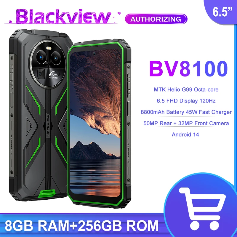 Blackview BV8100 안드로이드 14 견고한 스마트폰, Helio G99, 6.5 인치, 2.4K FHD + 120Hz, 24(8 + 16)GB/256GB 휴대폰, 50MP, 8800mAh, 45W NFC