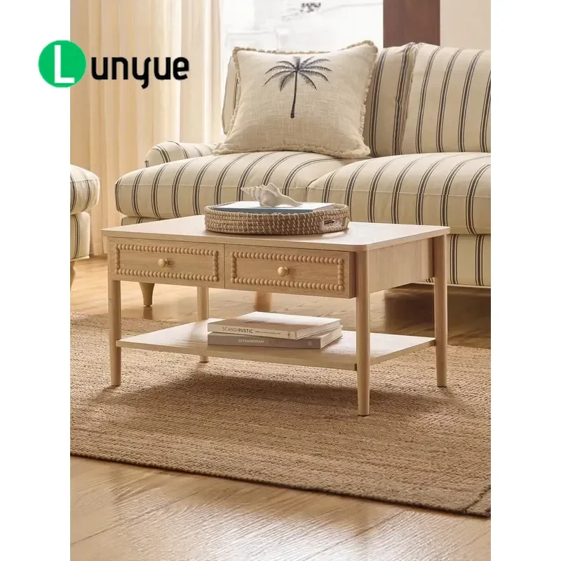 American Country Style Carved Solid Wood Rectangular Coffee Table French Retro Old Veneer Drawer Living Room Furniture