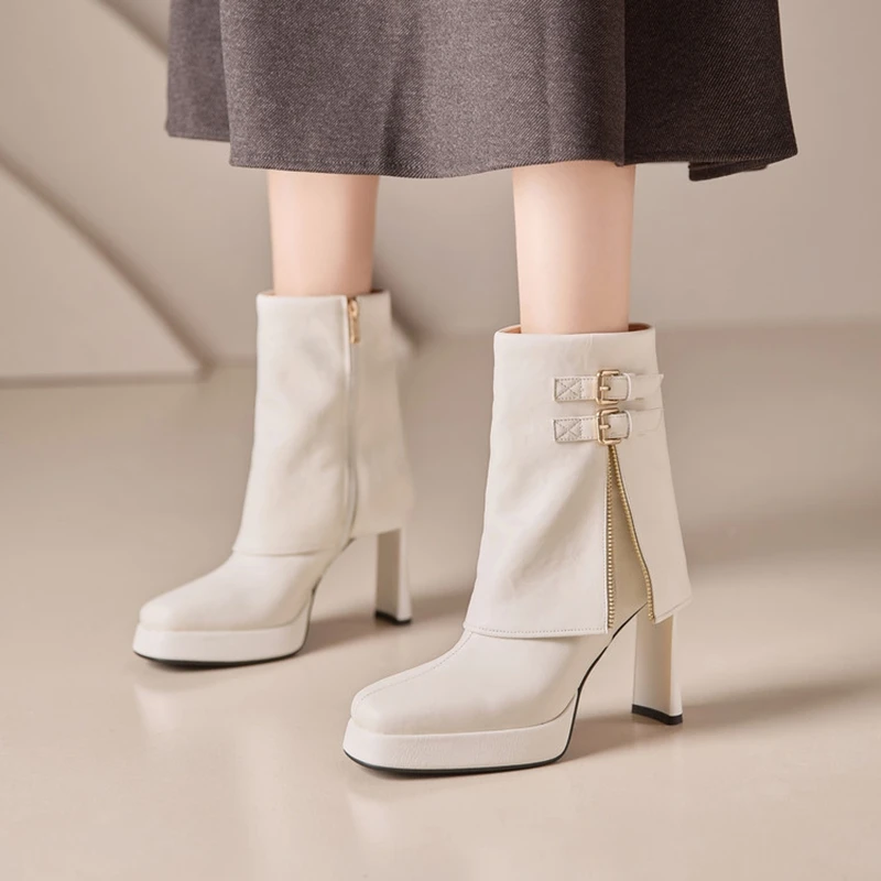 

NEW Autumn Women Boots Split Leather Shoes for Women Square Toe High Heel Shoes Beige Zip Modern Boots Belt Buckle Plaform Shoes