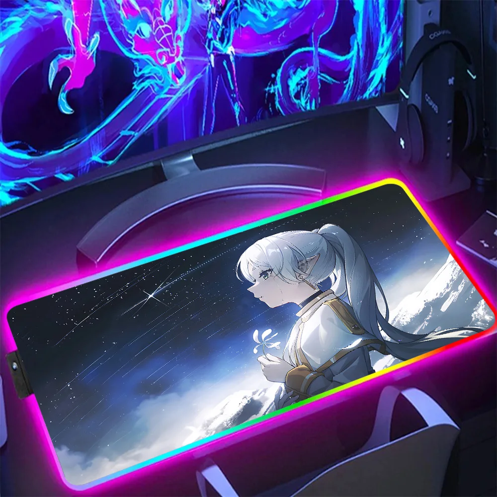 Hot Anime Frieren RGB Pc Gamer Keyboard Mouse Pad Mousepad LED Glowing Mouse Mats Rubber Gaming Computer Mausepad