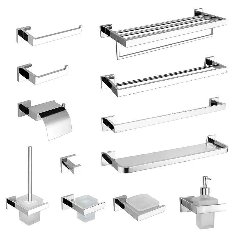 Stainless Steel Chrome Bathroom Hardware Set Square Towel Rack Towel Rack Tissue Holder Robe Hook Bathroom Rack Accessories