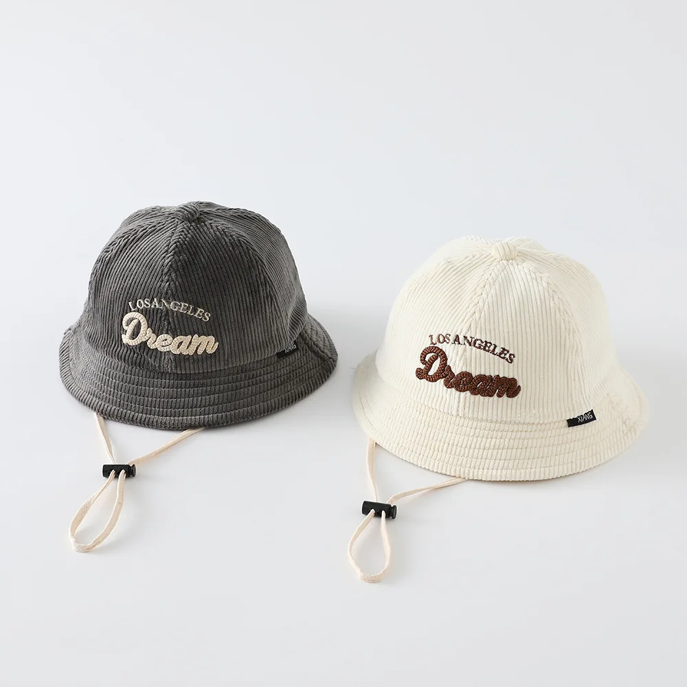 Baby Solid Color Sunscreen Hat Boys Keep Warm Corduroy Fisherman Hats Girls Sun Protection Letter Embroidery Bucket Cap Outdoor view 2
