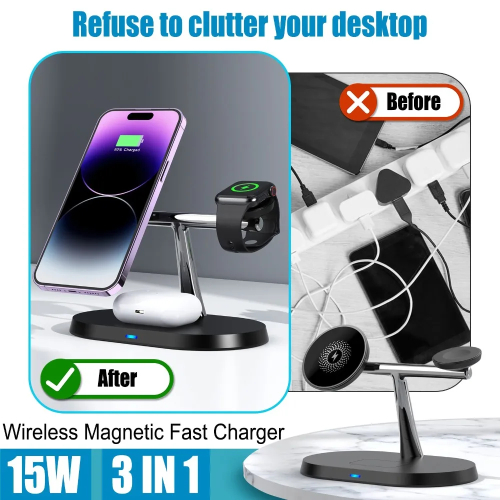 3-in-1 Magnetisches Kabelloses Ladegerät und Telefonhalter für Magsafe iPhone 17~12 Samsung Xiaomi Apple Watch Airpods Pro 4/3 Schnelles Aufladen – Detail 4
