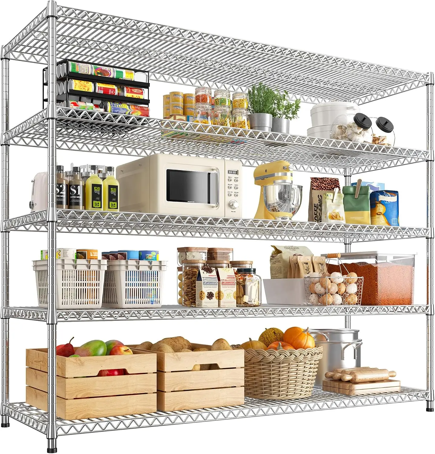 Heavy Duty Metal Wire Storage Shelving Unit Five Tier Commercial Adjustable Garage Shelf Chrome