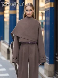 TWOTWINSTYLE Solide Verstärktes Taste Chic Unregelmäßige Kurze Mäntel Für Frauen Rollkragen Langarm Asymmetrische Jacke Weibliche Mode