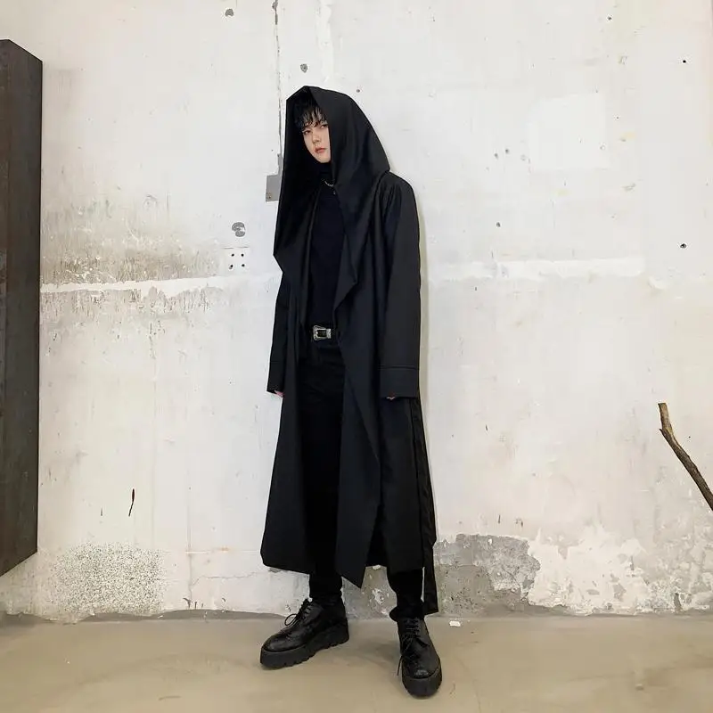 ARENS Men's Oversized Hat Good Quality Punk Autumn Winter Long Belted Trench Coat Hip Hop Man Hooded Cloak Gothic Vintage Cardi