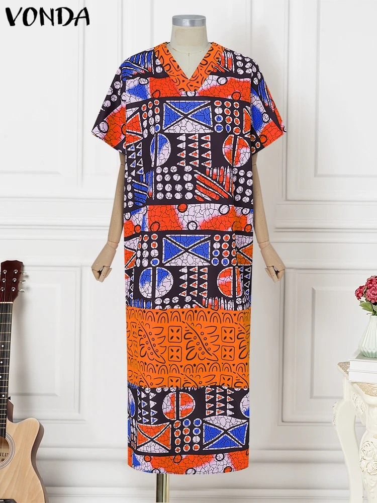 Plus Size Women Dress 2025 VONDA Oversized Short Sleeve Summer Sundress Print Party Vestidos Bohemian V-Neck Loose Robe 5XL