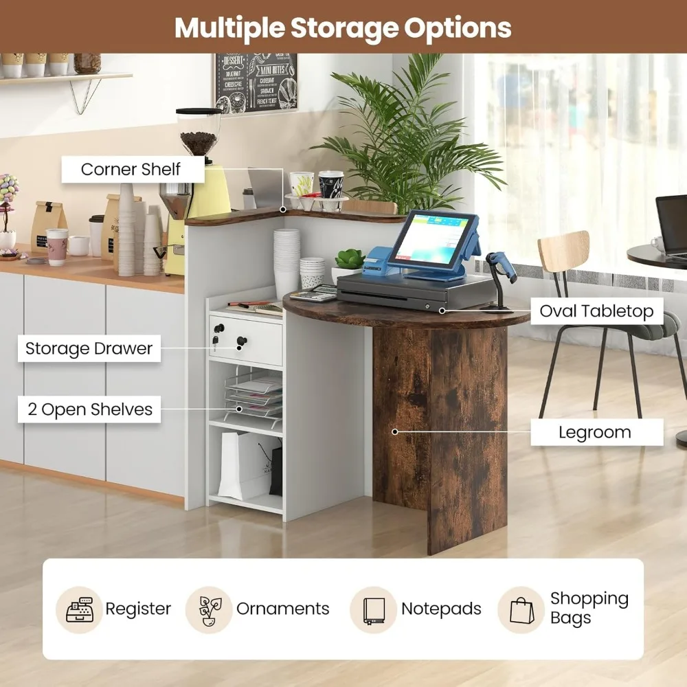 Balcão de recepção com fechadura de 48 polegadas com prateleira de armazenamento e mesa em forma de L para uso em salão de beleza