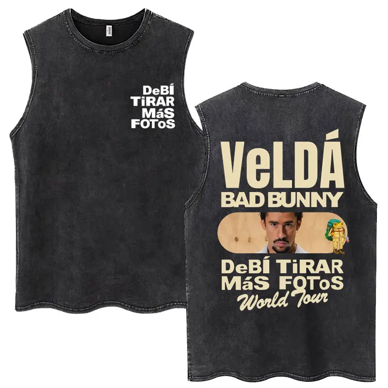 Rapper Bad Bunny Debi Tirar Mas Fotos DTMF Washed Tank Tops Men Women Fashion Hip Hop Vests Oversized Cotton Sleeveless T-shirts