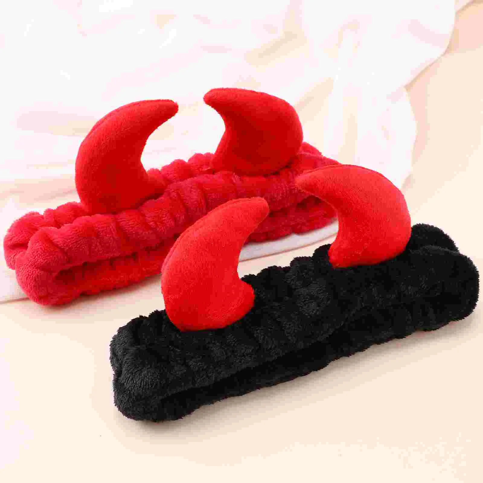 2 uds. Corbata para el pelo para lavado de cara, diademas para niñas, cuernos, maquillaje rojo para mujeres, diademas para el cuidado de la piel, Spa de felpa, demonio, señorita