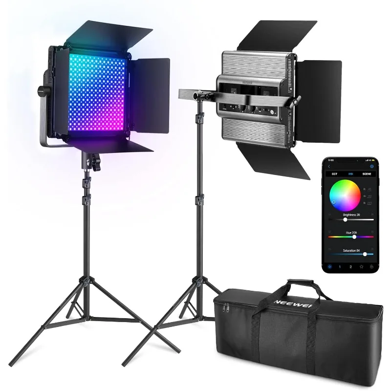 NEEWER 2 Pack RGB1200 LED Video Light with APP/2.4G Control, 60W Photography Video Lighting Kit with Stands & Bag