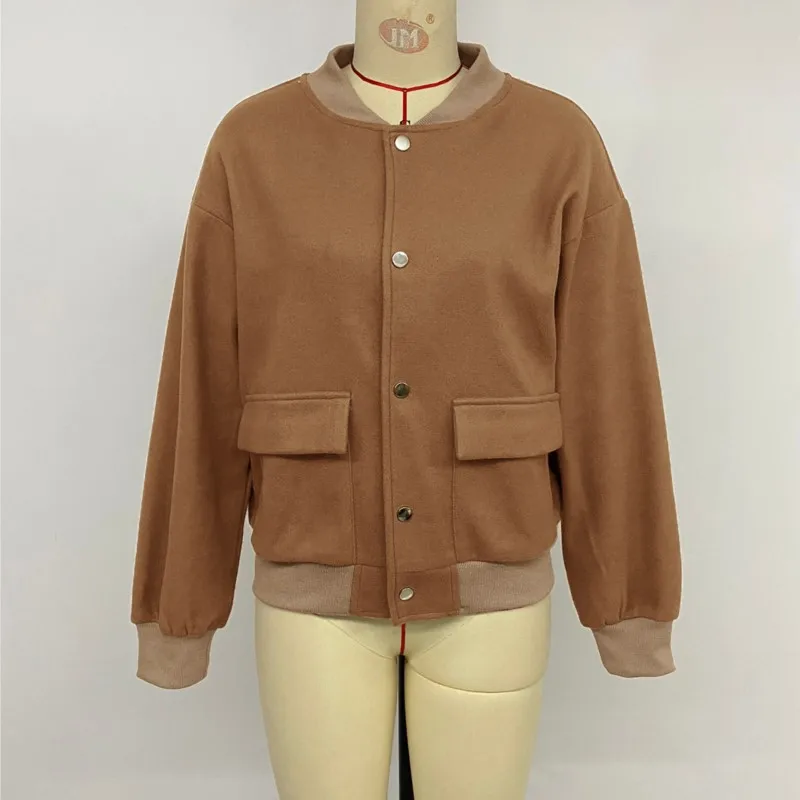 Autumn Khaki Long Sleeve Women's Bomber Jacket Fashion Single Breasted Vintage Coat Tops Elegant Loose Basic Ladies Jackets