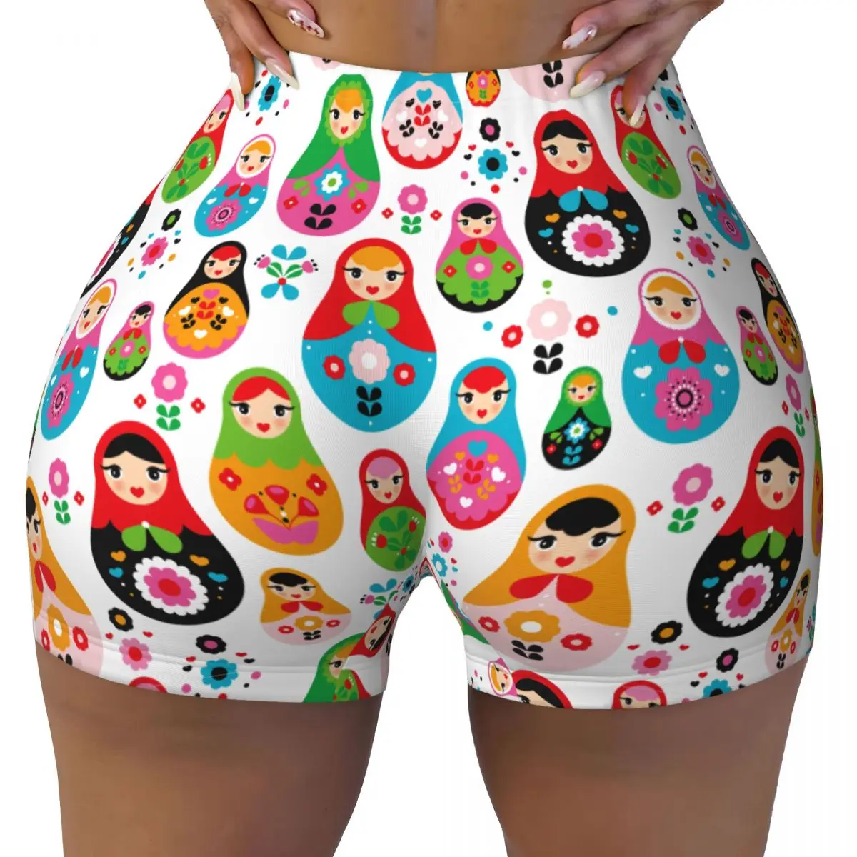 Bright Matryoshka Doll Shorts for Women High Waist Workout Shorts for Yoga for Cozy Lounging Quick Errands or Casual Days