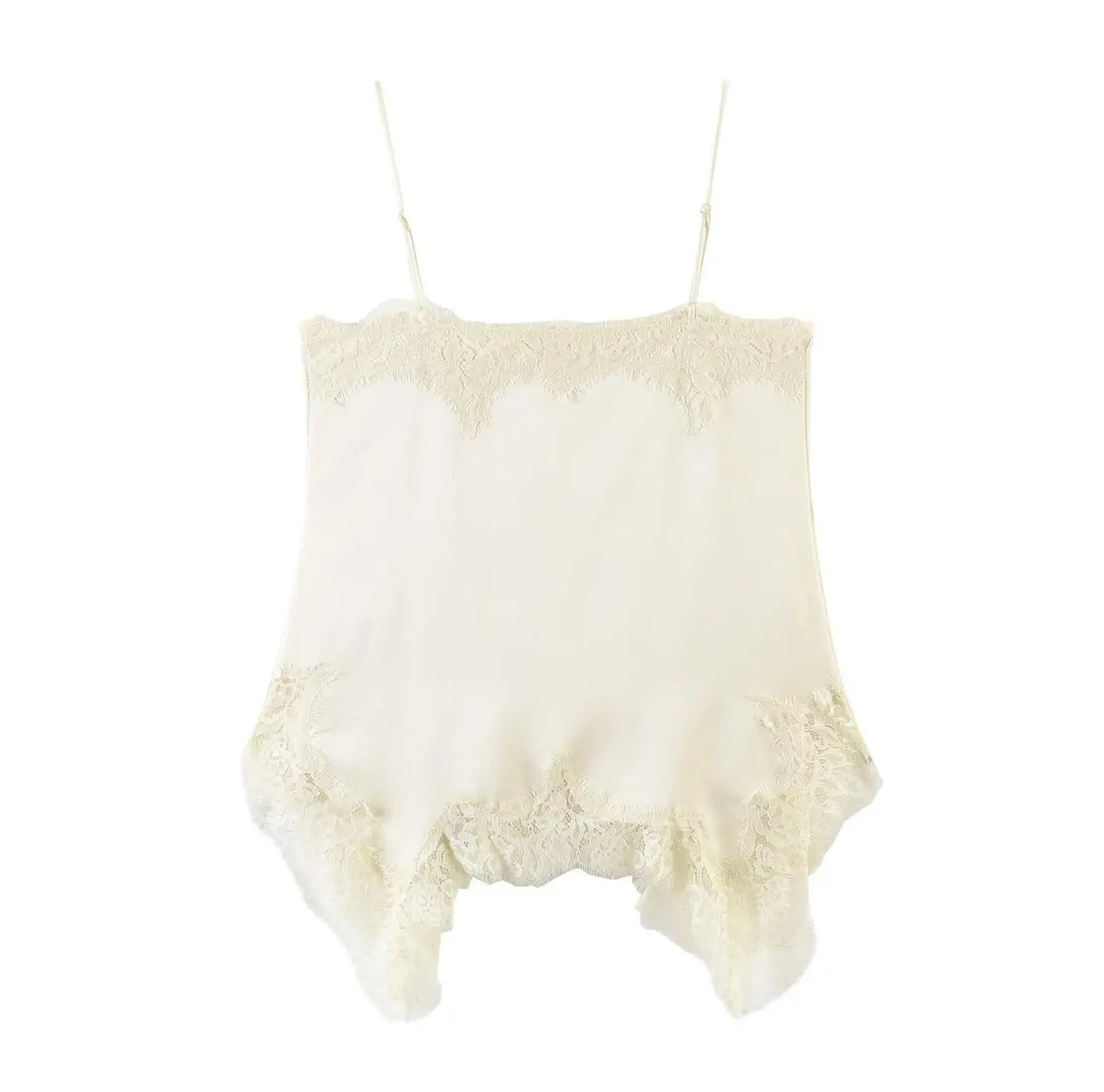 Sexy Women Apricot Spliced Lace Slash Collar Front Pleated Camisole Women Hem Asymmetry Tank Tops Waist Crop Top Camis